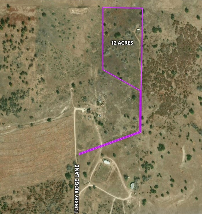 Aerial overview of the 12-acre property boundary at 2112 Turkey Ridge Lane, Harper, TX