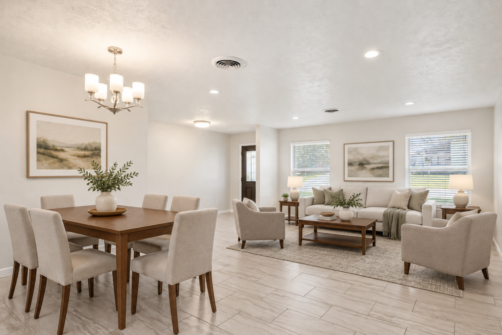 Virtually staged living and dining area at 705 Overhill Drive